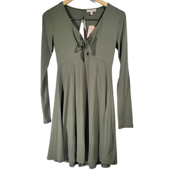 GB Olive Tie‎ Front Cutout Mini Dress XS NWT | Long Sleeve Flowy Fit - Picture 1 of 12